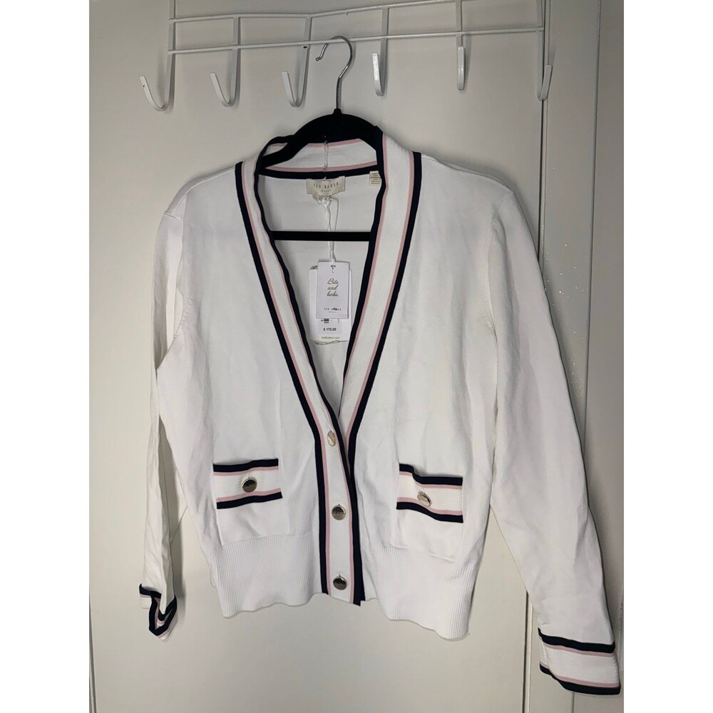 TED BAKER White Navy Pink V-Neck Boyfriend Button-Up Sweater size 4 - Picture 3 of 6